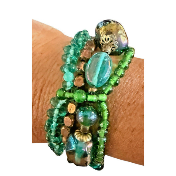 Beaded Stretch Bracelet Set Green Gold Boho Summer‎ Statement - Picture 4 of 9